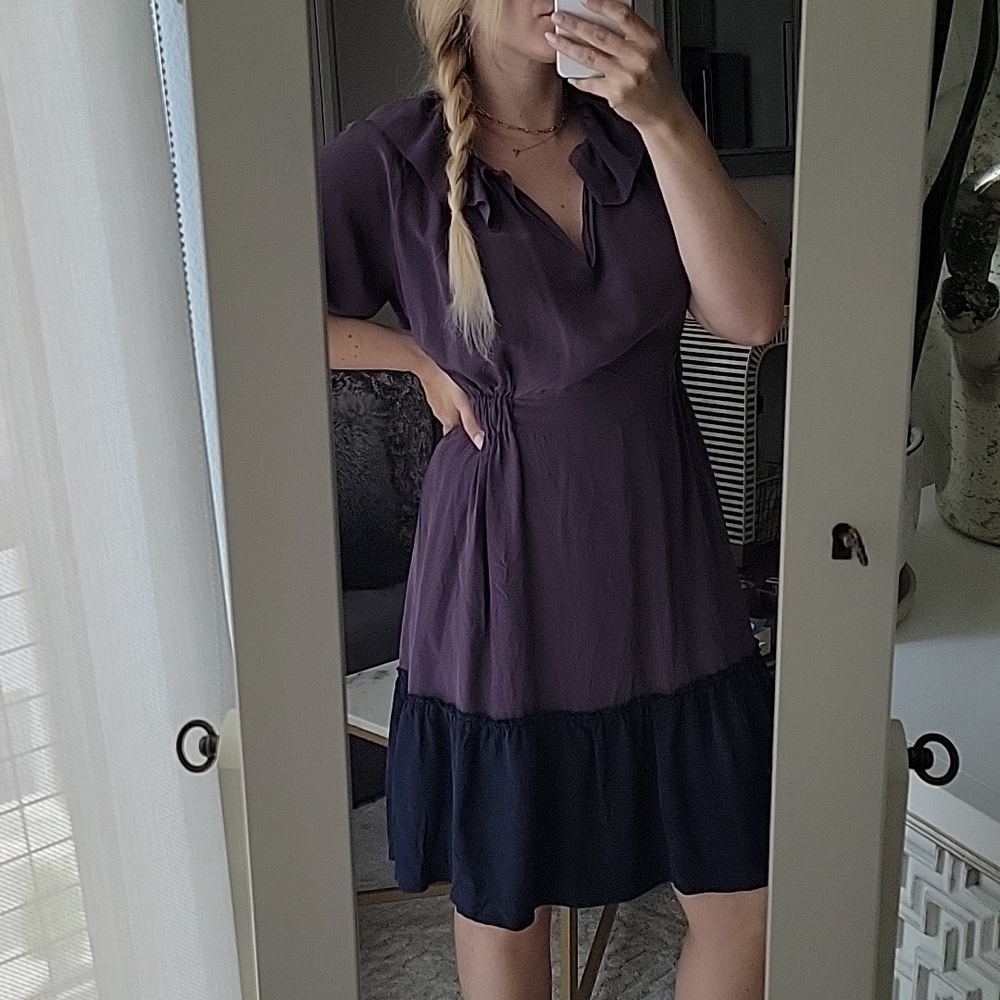 Vena Cava 100% Silk Purple and Navy  Dress Size 4 Short Sleeve